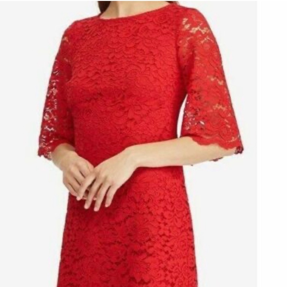 NWT Ralph Lauren red lace bell 3/4 sleeve knee length cocktail work dress 10 - Picture 2 of 10